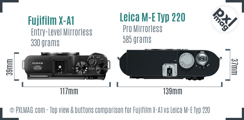 Fujifilm X-A1 vs Leica M-E Typ 220 top view buttons comparison