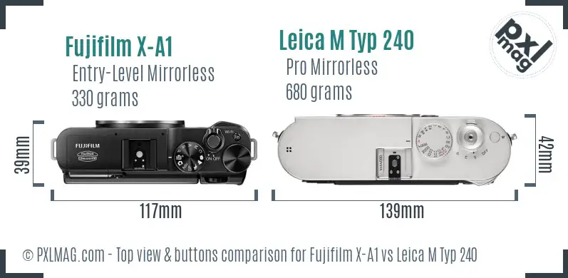 Fujifilm X-A1 vs Leica M Typ 240 top view buttons comparison