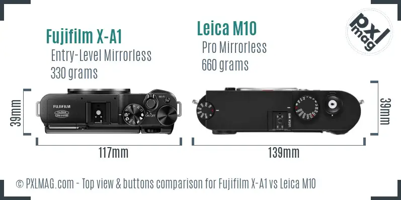 Fujifilm X-A1 vs Leica M10 top view buttons comparison