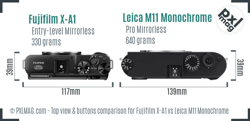 Fujifilm X-A1 vs Leica M11 Monochrome top view buttons comparison Fujifilm X-A1 vs Leica M11 Monochrome top view buttons comparison