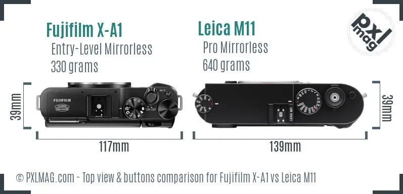 Fujifilm X-A1 vs Leica M11 top view buttons comparison