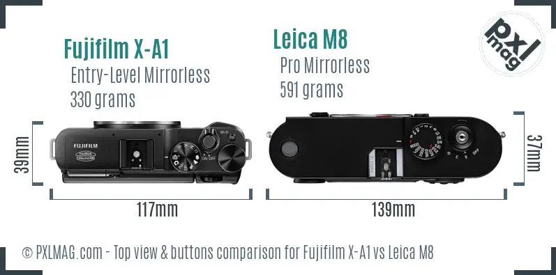 Fujifilm X-A1 vs Leica M8 top view buttons comparison