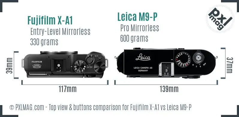 Fujifilm X-A1 vs Leica M9-P top view buttons comparison