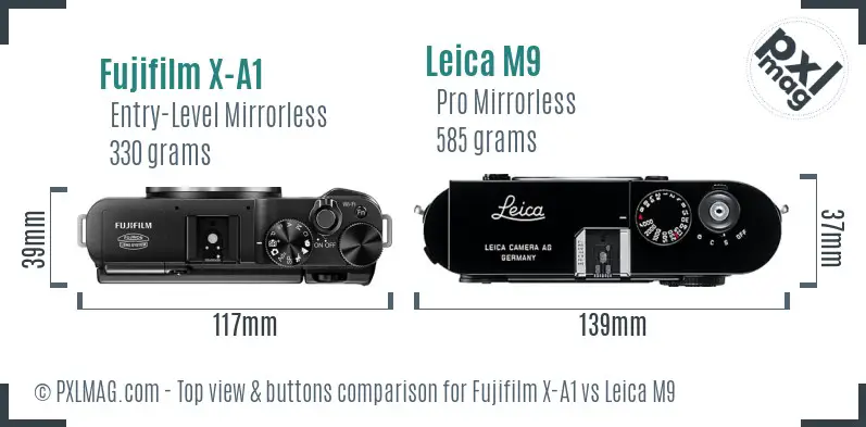 Fujifilm X-A1 vs Leica M9 top view buttons comparison