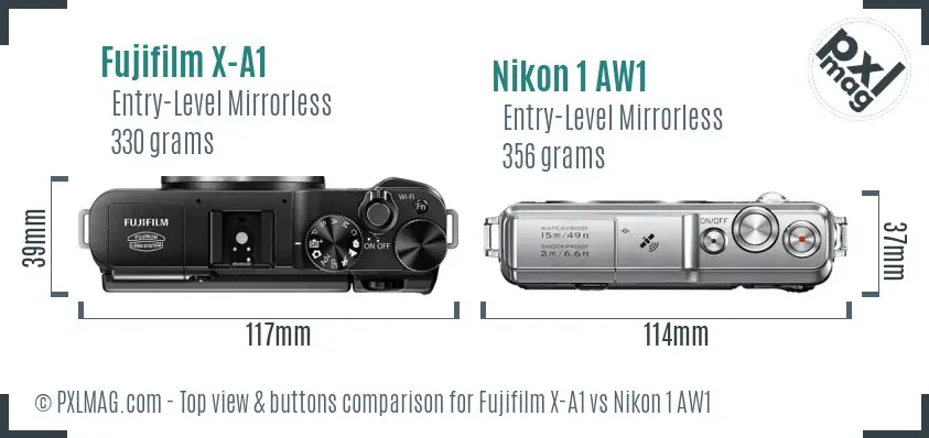 Fujifilm X-A1 vs Nikon 1 AW1 top view buttons comparison Fujifilm X-A1 vs Nikon 1 AW1 top view buttons comparison