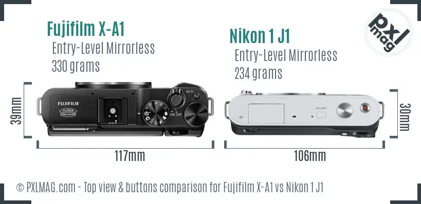 Fujifilm X-A1 vs Nikon 1 J1 top view buttons comparison