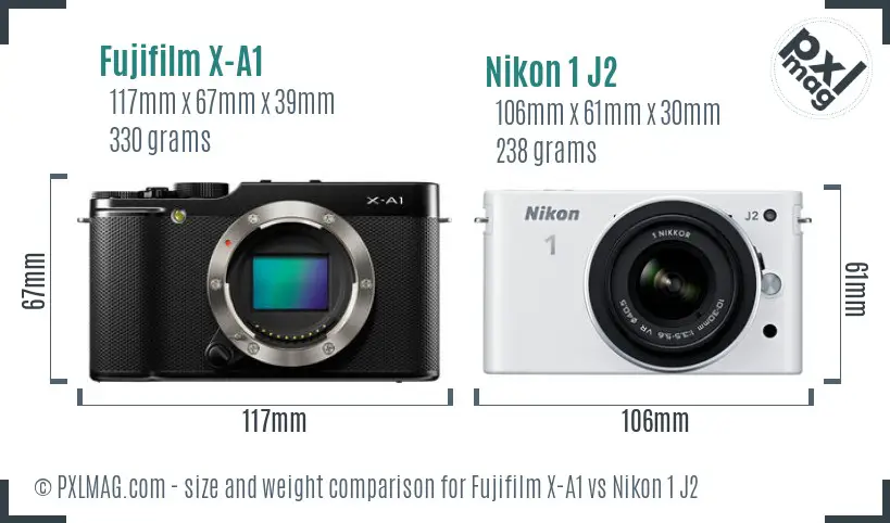 Fujifilm X-A1 vs Nikon 1 J2 size comparison