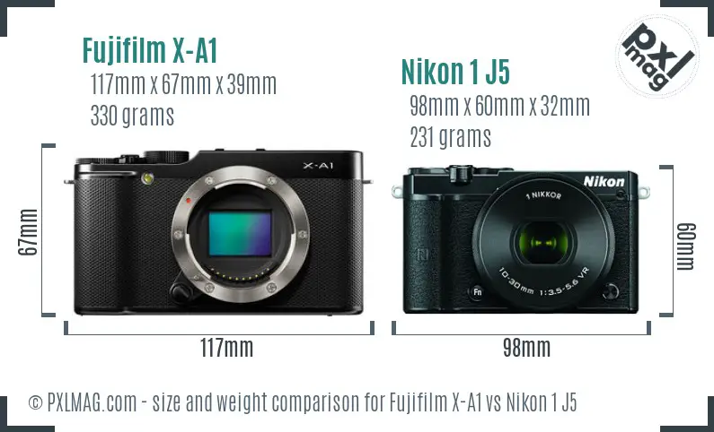 Fujifilm X-A1 vs Nikon 1 J5 size comparison