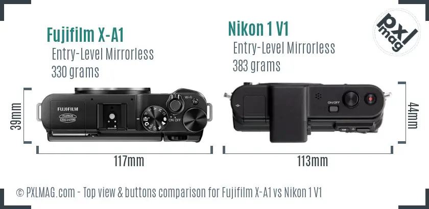 Fujifilm X-A1 vs Nikon 1 V1 top view buttons comparison