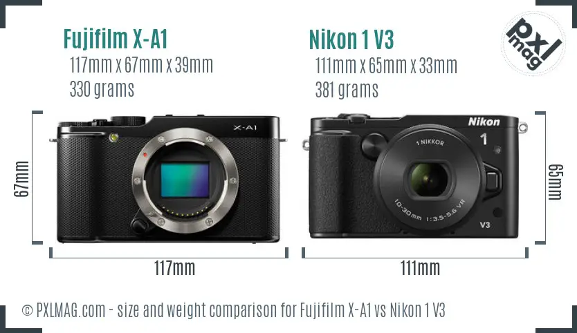 Fujifilm X-A1 vs Nikon 1 V3 size comparison