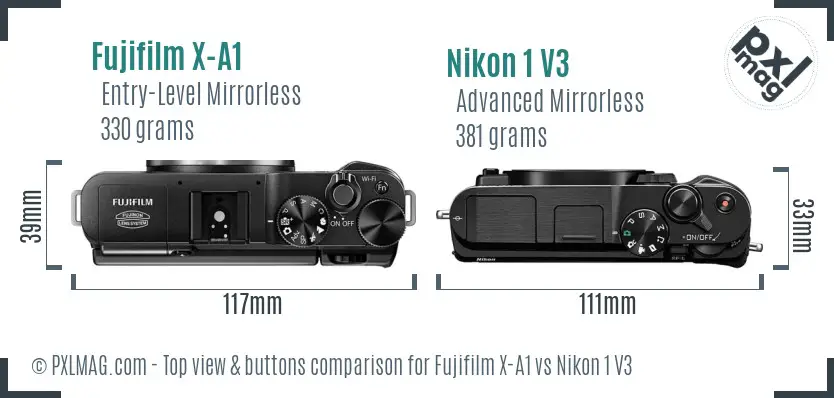Fujifilm X-A1 vs Nikon 1 V3 top view buttons comparison