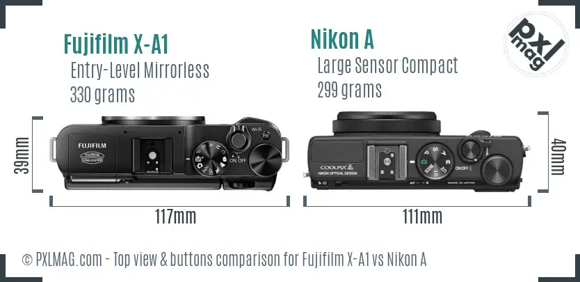 Fujifilm X-A1 vs Nikon A top view buttons comparison