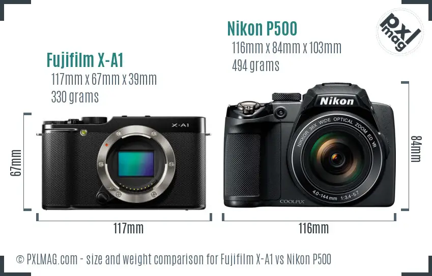 Fujifilm X-A1 vs Nikon P500 size comparison