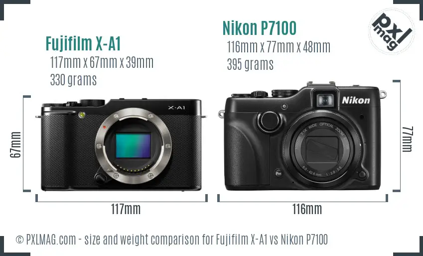 Fujifilm X-A1 vs Nikon P7100 size comparison