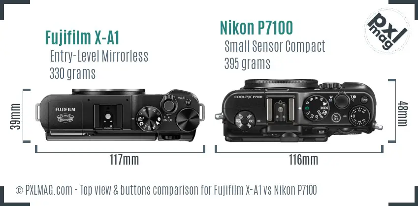 Fujifilm X-A1 vs Nikon P7100 top view buttons comparison