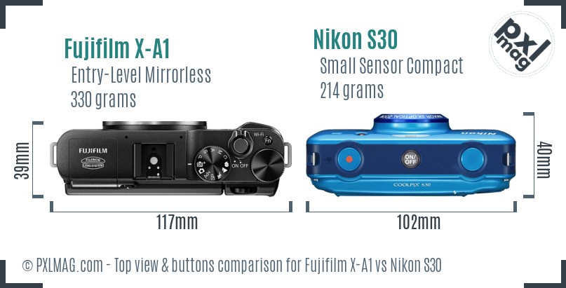 Fujifilm X-A1 vs Nikon S30 top view buttons comparison