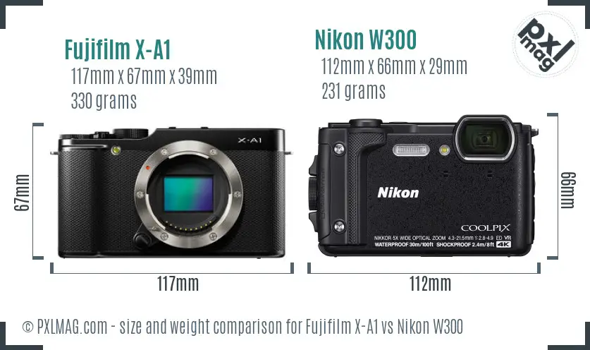 Fujifilm X-A1 vs Nikon W300 size comparison