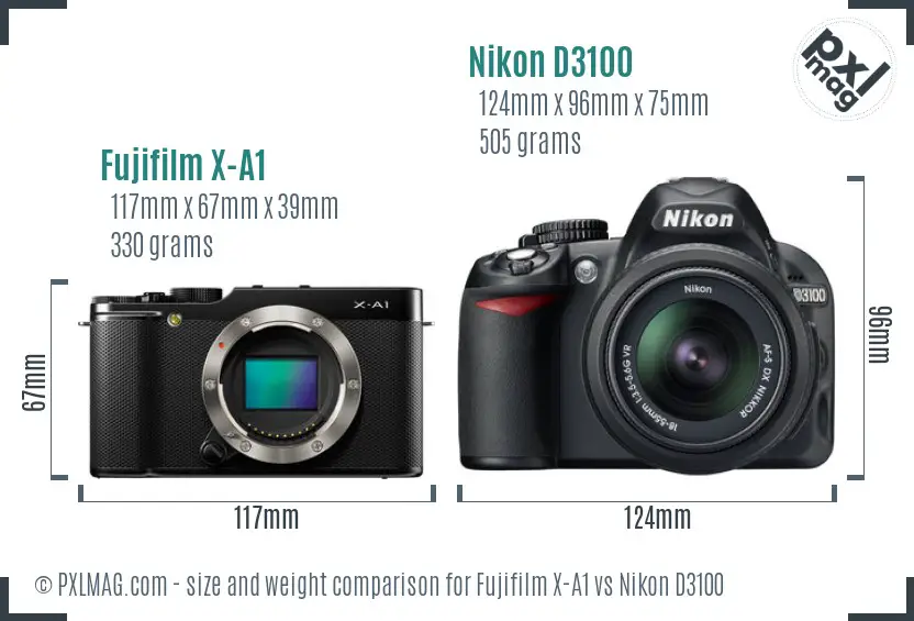 Fujifilm X-A1 vs Nikon D3100 size comparison