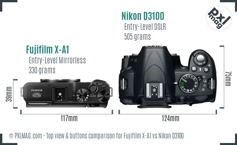 Fujifilm X-A1 vs Nikon D3100 top view buttons comparison