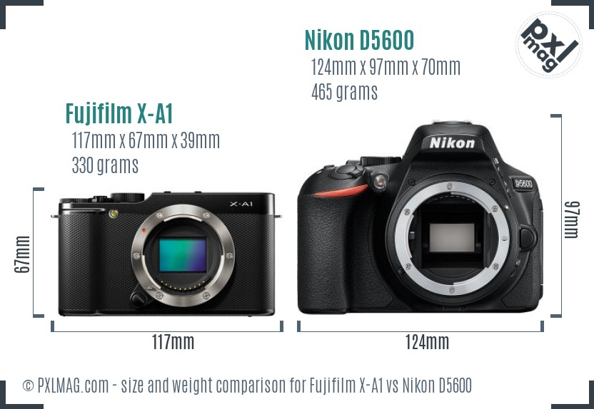 Fujifilm X-A1 vs Nikon D5600 size comparison