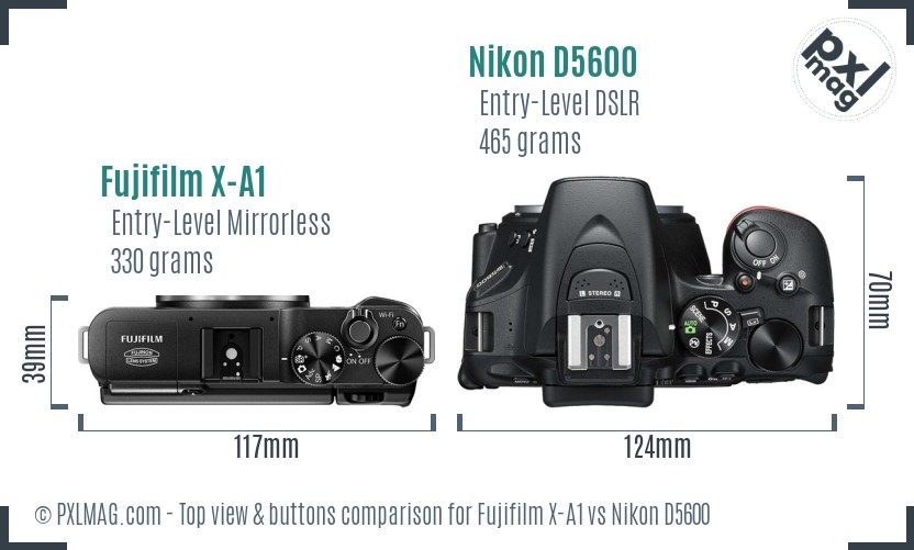 Fujifilm X-A1 vs Nikon D5600 top view buttons comparison