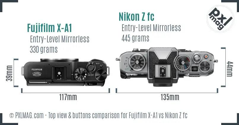 Fujifilm X-A1 vs Nikon Z fc top view buttons comparison