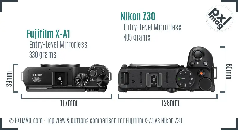 Fujifilm X-A1 vs Nikon Z30 top view buttons comparison