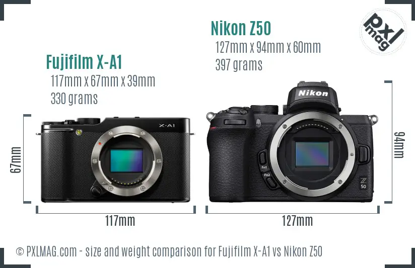 Fujifilm X-A1 vs Nikon Z50 size comparison