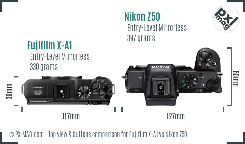 Fujifilm X-A1 vs Nikon Z50 top view buttons comparison