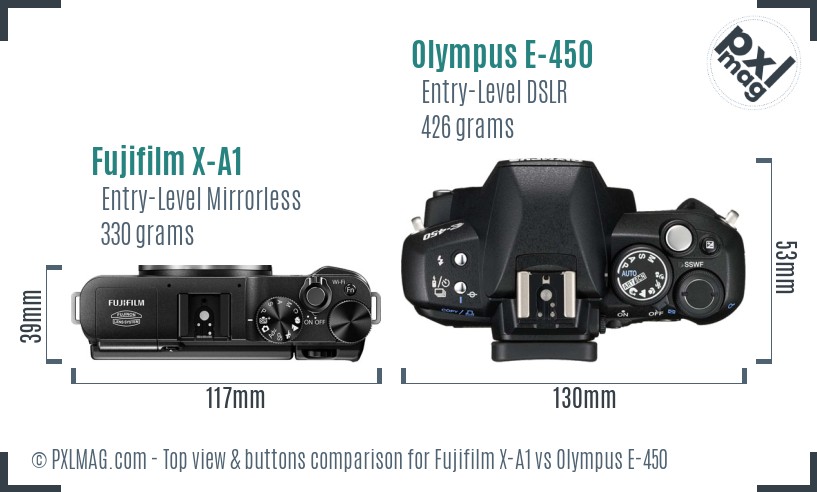 Fujifilm X-A1 vs Olympus E-450 top view buttons comparison
