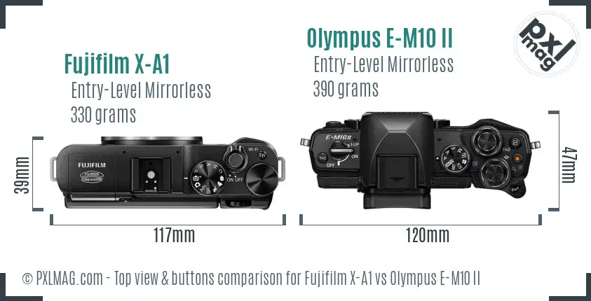 Fujifilm X-A1 vs Olympus E-M10 II top view buttons comparison