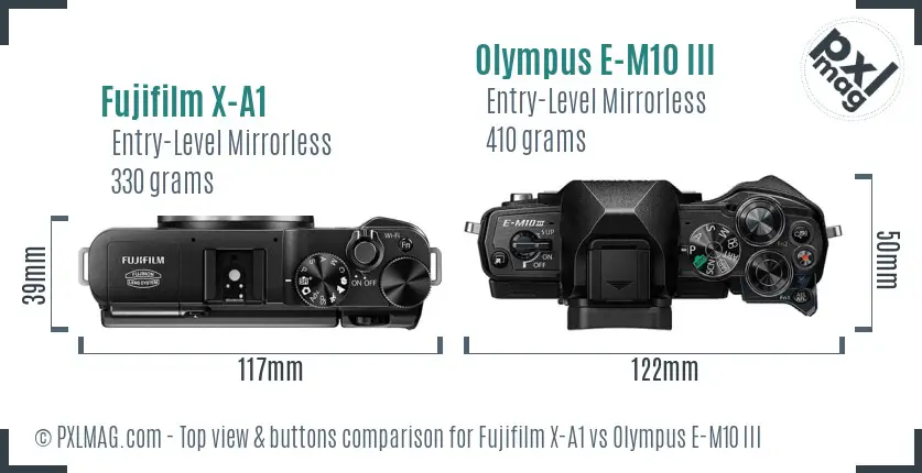 Fujifilm X-A1 vs Olympus E-M10 III top view buttons comparison