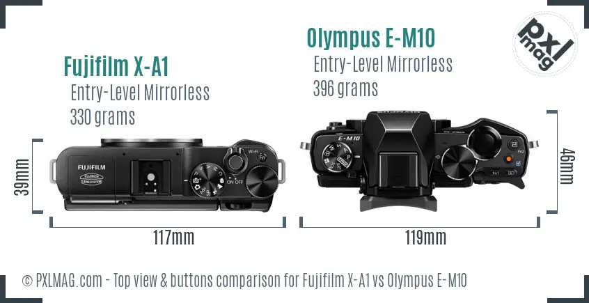 Fujifilm X-A1 vs Olympus E-M10 top view buttons comparison