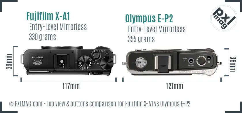 Fujifilm X-A1 vs Olympus E-P2 top view buttons comparison