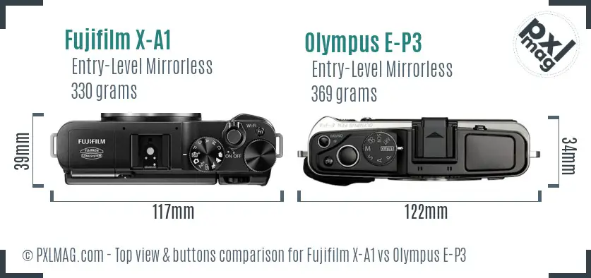 Fujifilm X-A1 vs Olympus E-P3 top view buttons comparison