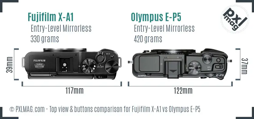 Fujifilm X-A1 vs Olympus E-P5 top view buttons comparison