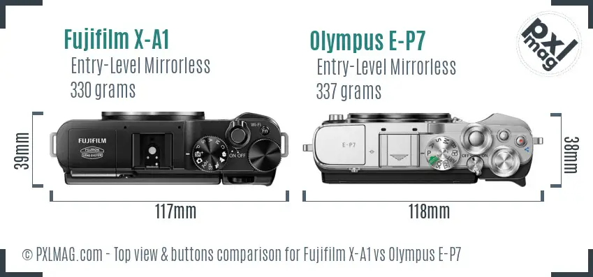 Fujifilm X-A1 vs Olympus E-P7 top view buttons comparison