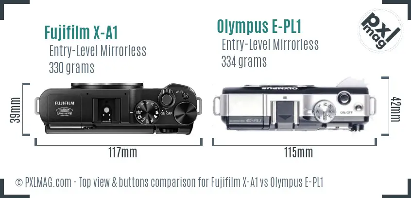 Fujifilm X-A1 vs Olympus E-PL1 top view buttons comparison Fujifilm X-A1 vs Olympus E-PL1 top view buttons comparison