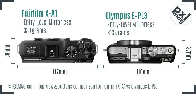 Fujifilm X-A1 vs Olympus E-PL3 top view buttons comparison