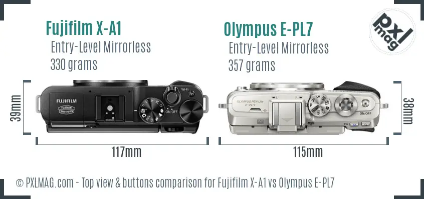 Fujifilm X-A1 vs Olympus E-PL7 top view buttons comparison