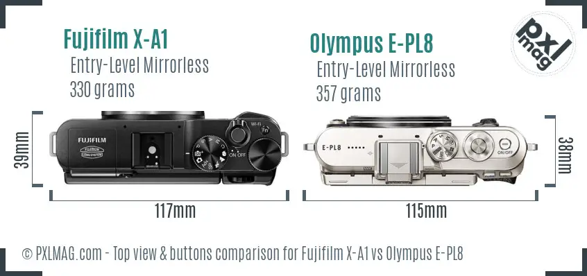 Fujifilm X-A1 vs Olympus E-PL8 top view buttons comparison