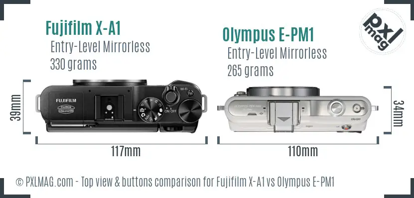 Fujifilm X-A1 vs Olympus E-PM1 top view buttons comparison