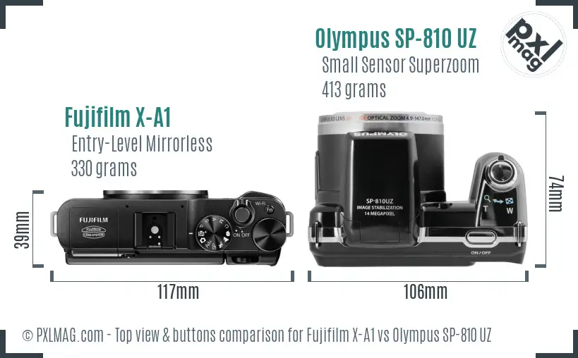 Fujifilm X-A1 vs Olympus SP-810 UZ top view buttons comparison