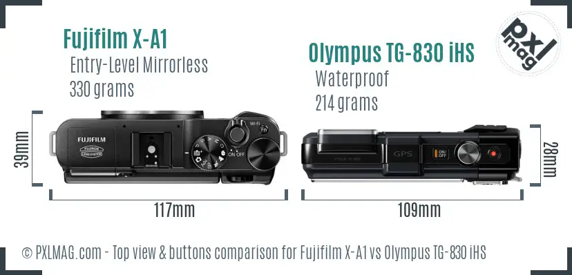 Fujifilm X-A1 vs Olympus TG-830 iHS top view buttons comparison
