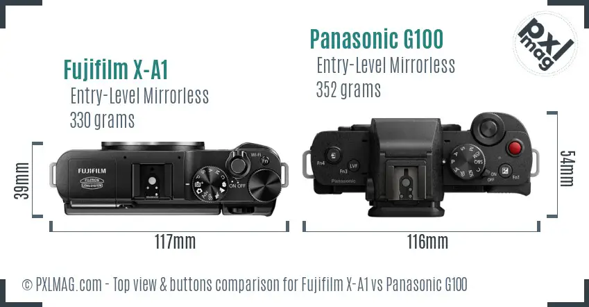 Fujifilm X-A1 vs Panasonic G100 top view buttons comparison