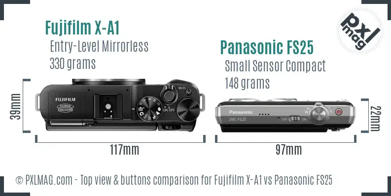 Fujifilm X-A1 vs Panasonic FS25 top view buttons comparison