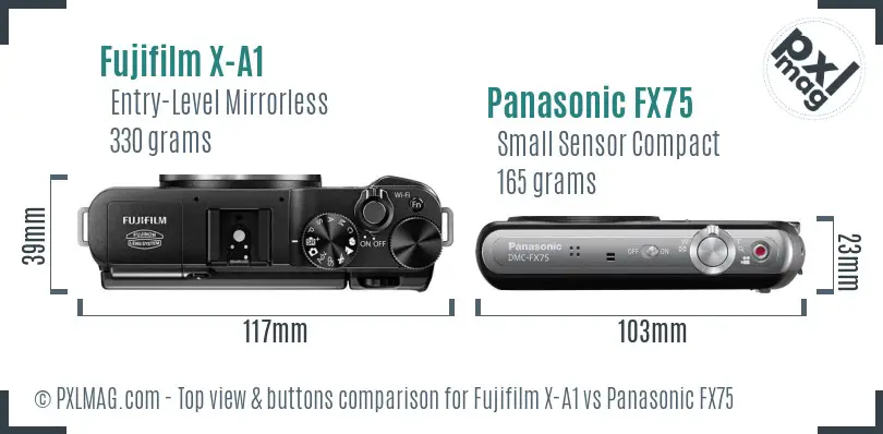 Fujifilm X-A1 vs Panasonic FX75 top view buttons comparison