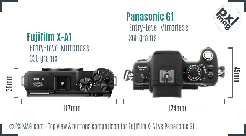 Fujifilm X-A1 vs Panasonic G1 top view buttons comparison
