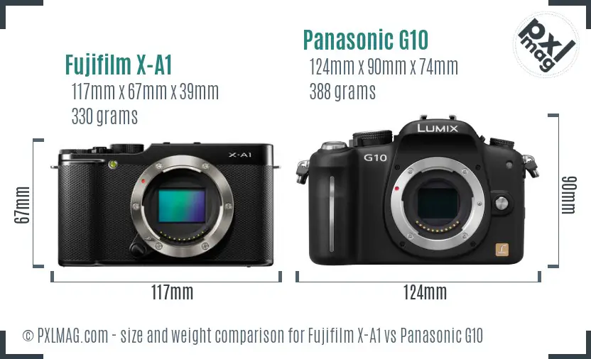 Fujifilm X-A1 vs Panasonic G10 size comparison