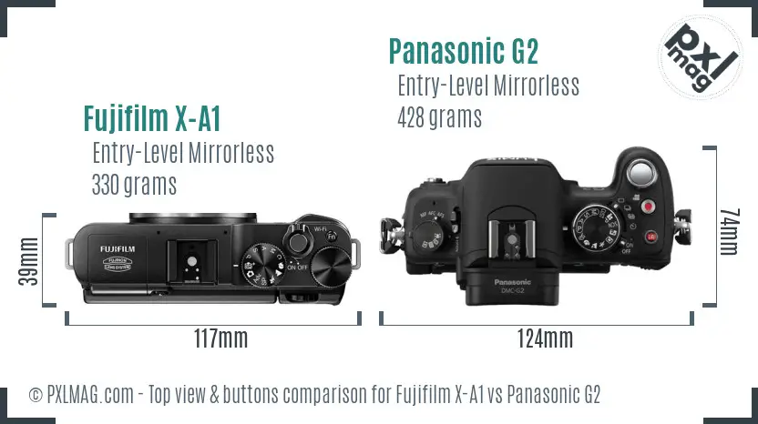 Fujifilm X-A1 vs Panasonic G2 top view buttons comparison